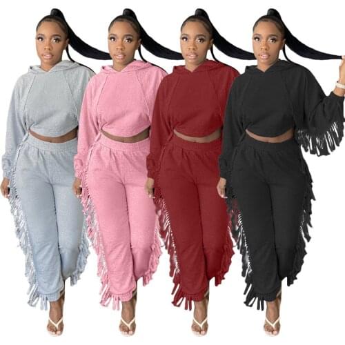 Echoine Tassel Hoodie Two Pieces Club Outfits for Women Long Sleeve Crop Top and Pants Woman Autumn Winter Clothing Sexy Suits