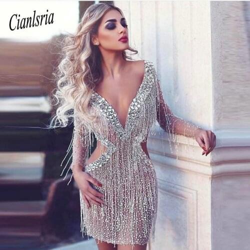 Elegant Cocktail Dresses 2020 Sheath Deep V-neck Long Sleeves Tulle Beaded Crstyasl Party Sexy Homecoming Dresses
