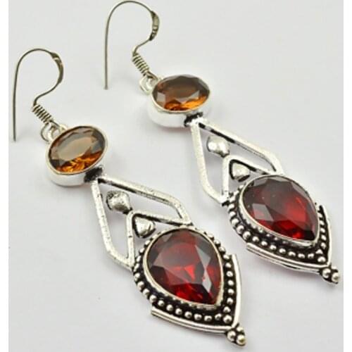 Garnets & Smoky Quarts , Silver Overlay on Copper Earrings ,70mm , E2795