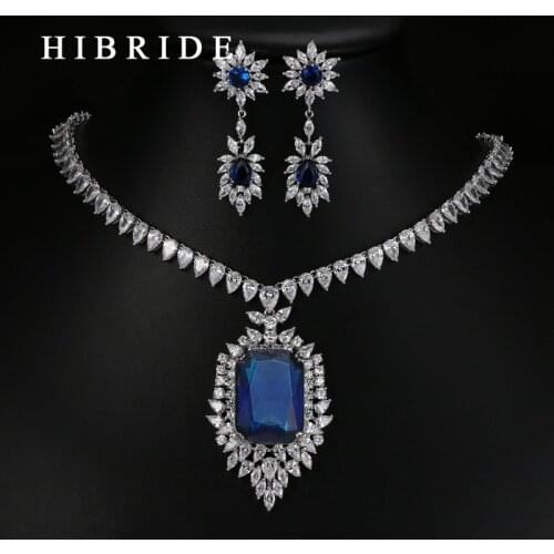 HIBRIDE Luxury White Gold-Color Dark Blue AAA Cubic Zirconia Fashion Women Jewelry Sets N-58