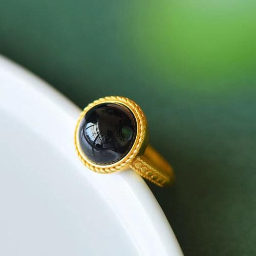 S925 Sterling Silver Dark Jade Ring Inlaid Perfect Ring Black Beauty Xinjiang Suet Ancient Style Golden and Black Jade Ring Fema