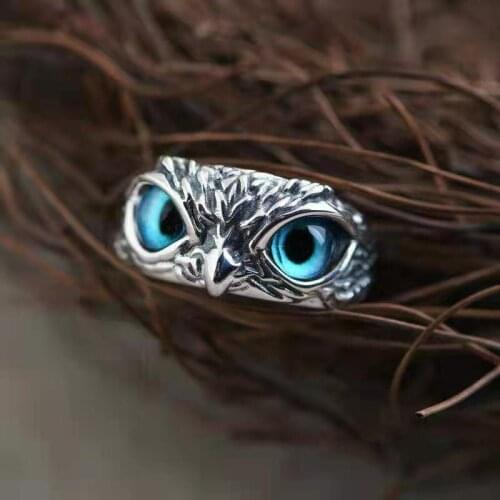 Boho Gothic Animal Owl Rings for Women Men Vintage Punk Blue Crystal Eyes Finger Ring Hip Hop Jewelry Bague