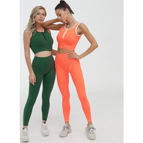 Zipper Yoga Crop Top High Waist Stitching Pants 2 Piece Set Women Gym Wear Solid Workout Fitness Clothing