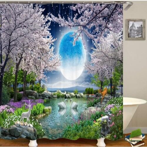 Beautiful Natural landscape Fabric Shower Curtain Bathroom Curtains Flowers Forest Waterfall Animal Bath Screen with 12 Hooks
