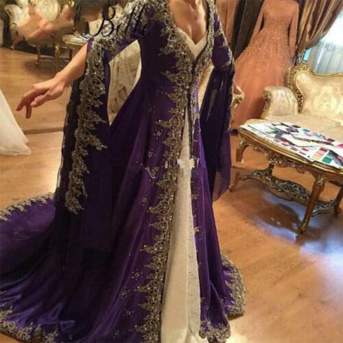 Moroccan Dubai Arabic Evening Dresses Elegant Purple Long Sleeve Prom Dress With Embroidered Lace Prom Formal Gown Custom Made