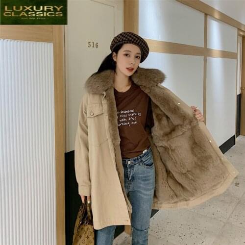 Fur Real Rex Rabbit Liner Parkas Coat Female Vintage Fox Fur Collar Jacket Women Clothes 2021 Korean Warm Overcoat 9266