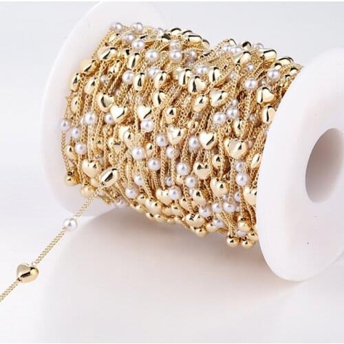 1meter Gold Bulk Chain for Jewelry Making Diy Necklace Bracelet Ankle Copper Chain Pearl and Heart Bead Link Chain Accessories