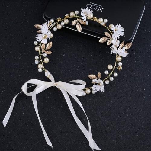 Flower Hairbands Women Golden Headband With Ribbon Girl Wreath Wedding Party Ladies Girls Garlands Floral Crown Hairband