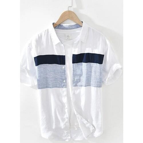 Pure Linen Short Sleeve Shirt for Men Summer New Japan Fashion Tops Male Breathable Vintage Striped Patchwork Button Up Shirt