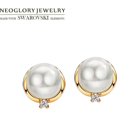 Neoglory Simulated Pearl & Zircon Round Beads Stud Earrings Gold Color Cute Exquisite Girl Dress Classic Gift