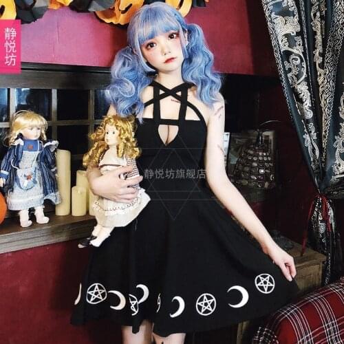 Darkness Six-Star Retro Starry Dress Hollow Sling Black Dress Nightclub Style Gothic Strap Halloween