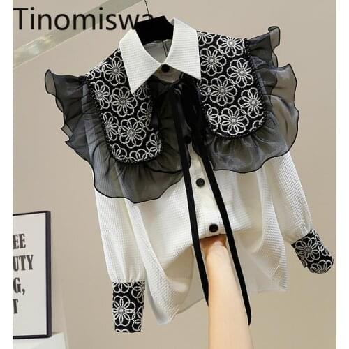 Tinomiswa Flower Embroidery Buttons Up Shirts Loose All-match Sweet Tops Gauze Patchwork Long Sleeve Casual Vintage Blouses