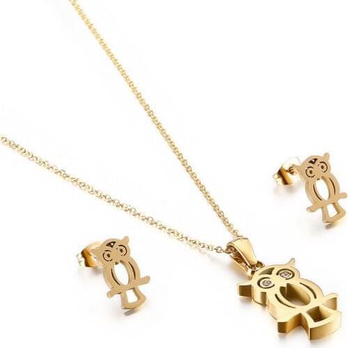 Ladies Creative Hollow Owl Necklace Stainless Steel Earrings Set