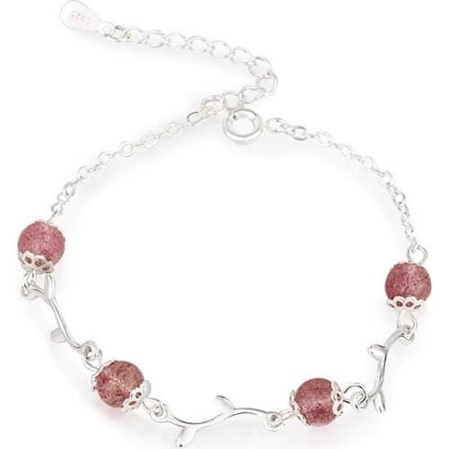 Silver Plated Natural Strawberry Crystal Bracelet Ladies'Explosive Flower Branch Strawberry Crystal Peach Flower Crystal Jewelry