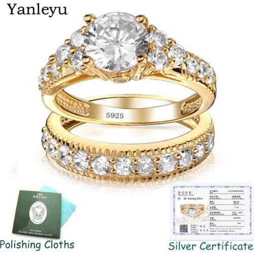Yanleyu Luxury Bridal Wedding Jewelry Rings Set 2pcs 925 Sterling Silver with Pure Gold Filled Engagement Rings for Women PR368