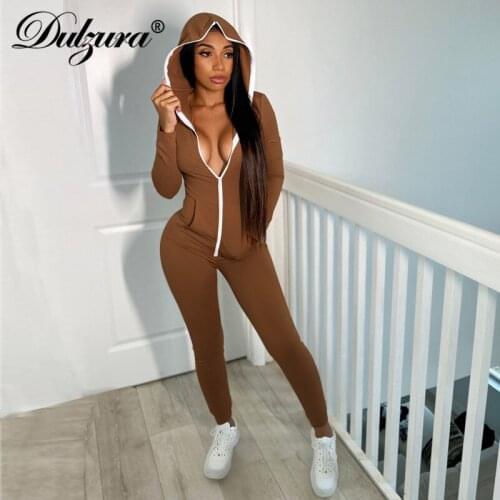 Dulzura Solid Women Long Sleeve Sweatshirt Jumpsuit Zipper Hoodies Bodycon Sexy Skinny Casual Streetwear Sporty Fitness Outfit