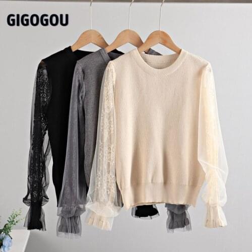 GIGOGOU Korea Style Long Sleeve Womens Sweater Spring Summer Short Knitted Top Mesh Stitch Lantern Sleeve Bottoming Tee Shirts