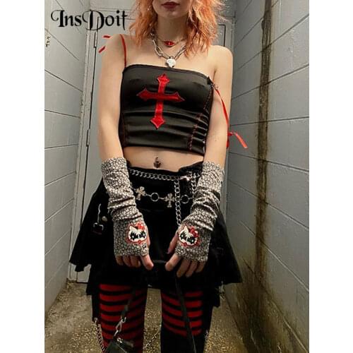 InsDoit Vintage Cross Gothic Sexy Summer Top Women Black Harajuku Streetwear Corset Camis Sleeveless Bandage Grunge Crop Tops