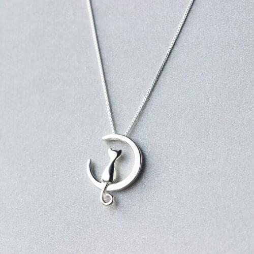 MloveAcc Authentic 100% 925 Sterling Silver Cat Moon Necklace Meditation Women Jewelry Silver 925 Chain & Pendant Valentine Gift