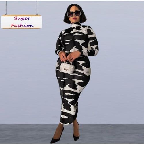 XL-5XL plus size women dress fashion autumn slim printing long sleeve high collar casual long dresses Wholesale Dropshipping