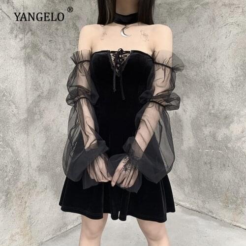 Yangelo Gothic Sexy Dress Women See-through Off Shoulder Lanter Sleeve Mesh Patchwork Dark Street Black Dress for Female Fashion