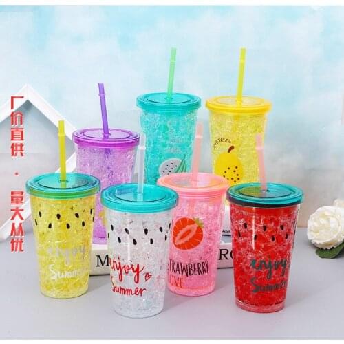 450ml Watermelon Crushed Ice Cup Net Red Girl Heart Cute Straw Cup Man Capacity Plastic Water Cup Double Cooling Cup Double