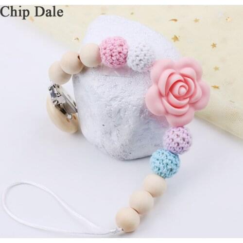 Chip Dale Wood Baby Pacifier Clips Holder Chain Flower Teething Silicone Pacifier Chains Holder Baby Teether Dummy Clips