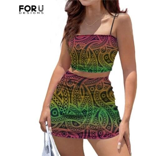 FORUSEDIGNS Women Dresses Summer 2021 Colorful Polynesian Stripes Printed Leisure Cami Crop Top and Mini Skirt Set Sexy Clothing