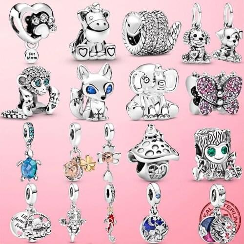 Hot 925 Sterling Silver Turtle Fluffy Llama Snake Fox Dangle Charm ladybug Koala Beads Fit Original Pandola Bracelet DIY Jewelry