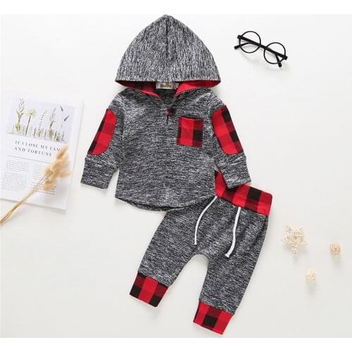 Infant Baby Boys Clothing Set Hooded Pullover Jacket Tops+Casual Pants 2PCS Cool Style Plaid Outfits Toddler Baby Set