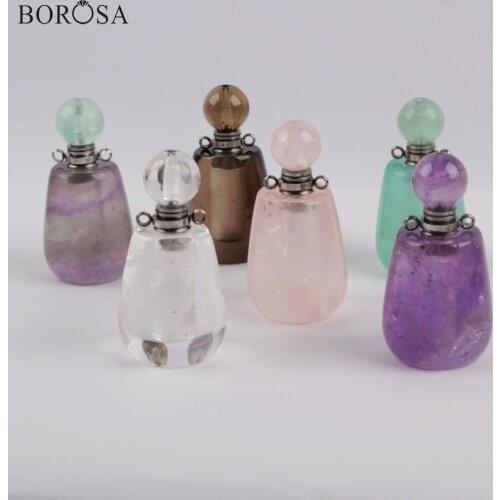 BOROSA 3Pcs Silver Plated Natural Stone Perfume Bottle Connectors Healing Crystal Amethysts Essential Oils Bottle for Necklace