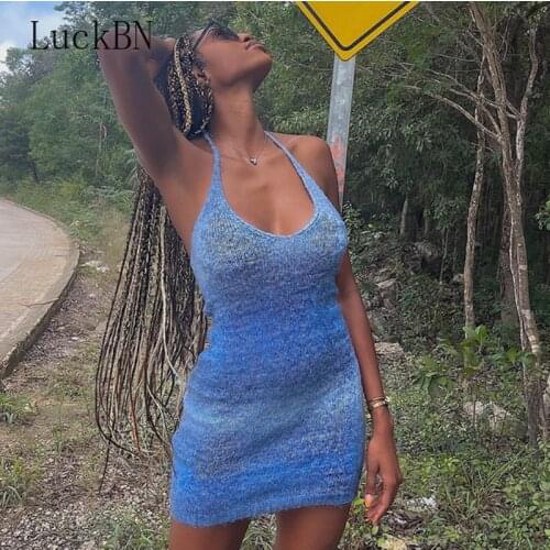 Summer Knitted Dress Women Waist Skim U-Neck Solid Sling Open Back Streetwear Dress Sexy Party Dresses Women Evening 2021 Blue
