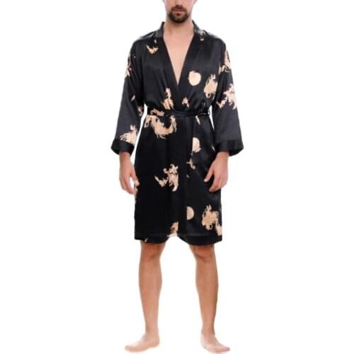2Pcs Men Imitation Silk Dragon Print Bath Robe Short Pants Pajama Sleepwear Set
