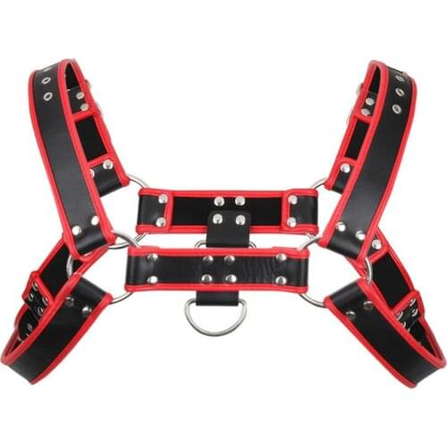 Mens Faux Leather Harness Belt Body Chest Adjustable Black and Red Men Lingerie Bondage Aggressive Look Club Wear Costume