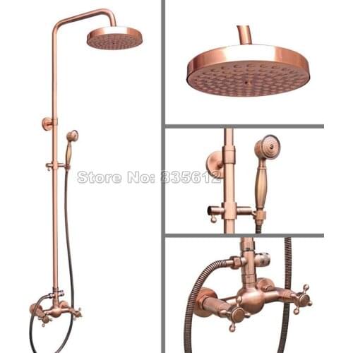 Bathroom Wall Mounted Antique Red Copper 7.7" Shower Head Rain Shower Faucet Set /Dual Handles Mixer Tap + Hand Spray Wrg522