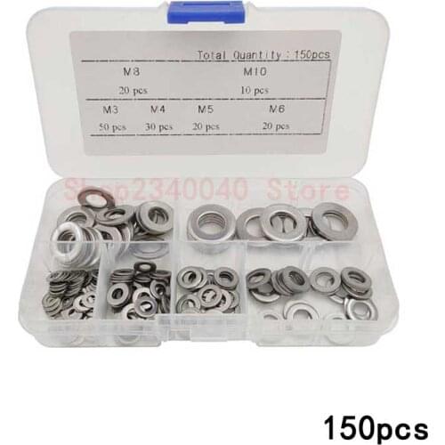 150pcs/set M3 M4 M5 M6 M8 M10 304 Stainless Steel Flat Washer Gaskets Assortment Kit Mildew and rust prevention Plain Washer