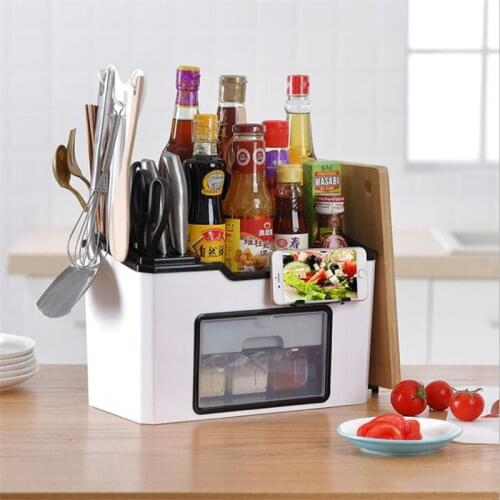 Save Space Kitchen Organizer Storage Rack Shelf With Knife Holder Seasoning Spice Jar Box Holder Plastic Stand Rack