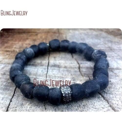 Recycled African Glass Tribal Paired With CZ Pave Zen Yoga Boho Festival Stone Stack Bracelet BM10798