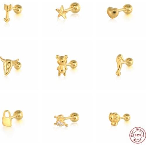 S925 Sterling Silver Piercing Pendientes Cute Animal Helix Earrings For Women Men Cartilage Stud Earring Jewerly Birthday Gift