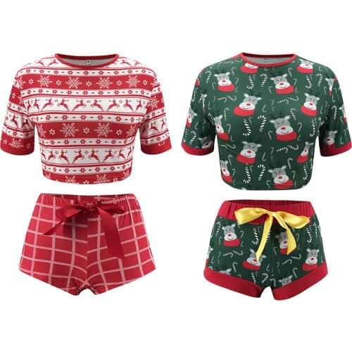 Women Sexy Christmas Two Piece Set Elk Printed Short Sleeve Crop Top + High Waist Shorts Set Female Xmas Casual Suit Homewear