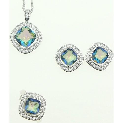 Bride Sterling Silver 925 Jewelery Rainbow Blue Fire Cubic Zirconia Jewelry Sets For Women Earrings Pendant Necklace Ring