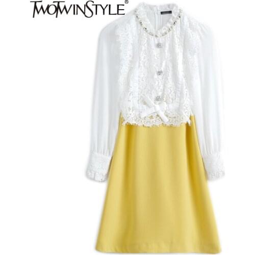 TWOTWINSTYLE Elegant Patchwork Lace Dress For Women Stand Collar Long Sleeve High Waist Hit Color Dresses Female Fashion New
