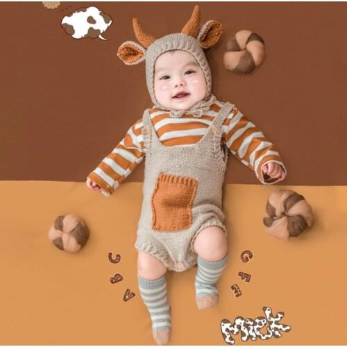 2 Pcs Baby Knitted Cow Ears Hat Romper Set Newborn Photography Props Cap Jumpsuit Kit Infants Photo Shooting Clothing