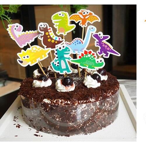 9pcs Cartoon Dinosaur Flag Birthday Cake Decorating Card Kids Party Celebration Cupcake Topper Bamboo Stick