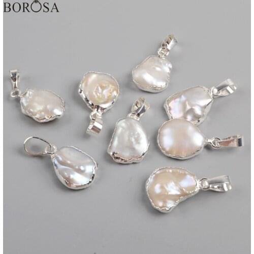 BOROSA 10/20Pcs Trendy Freeform Silver Color Natural Freshwater Pearl Pendant White Pearls Beads for Necklace Jewelry S1673