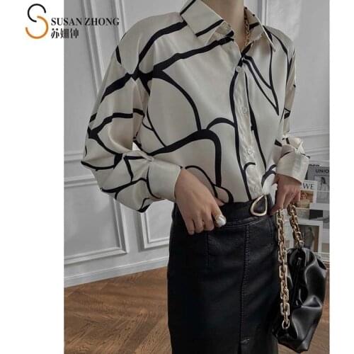 Women Shirts Female Blouse Ladies Top 2021 Spring New Elegant Romantic Loose Turn-Down Collar Button Satin Art Aesthetic Print