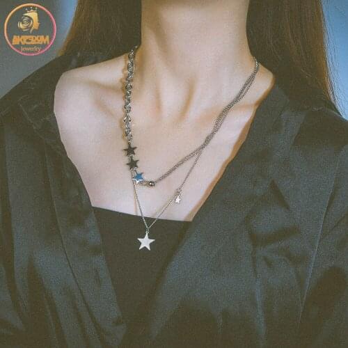 Akizoom Stainless Steel Double Layer Star Pentagram Pendant Bead Link Chain Necklace for Women Jewelry Party Gift Freeshipping