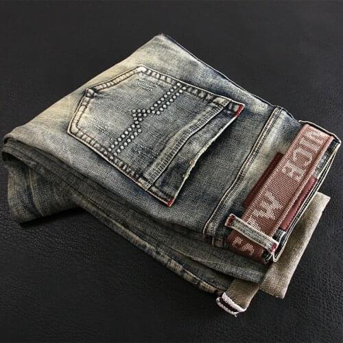 Italian Style Fashion Men Jeans High Quality Retro Distressed Elastic Slim Ripped Jeans Men Vintage Designer Casual Denim Pants