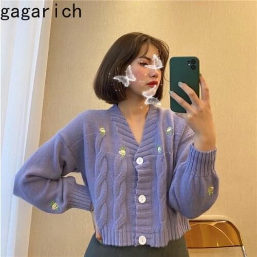 Gagarich Women Sweater Knitted Fashion Loose Spring Autumn V-Neck Lantern Sleeve Embroidery Floral Harajuku Female Cardigan Cute