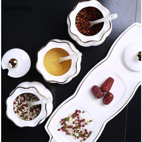 WSHYUFEI Ceramic spice bottle With lid and spoon Chewing sugar salt tea Three-piece seasoning pot Kitchen supplies Holiday gift